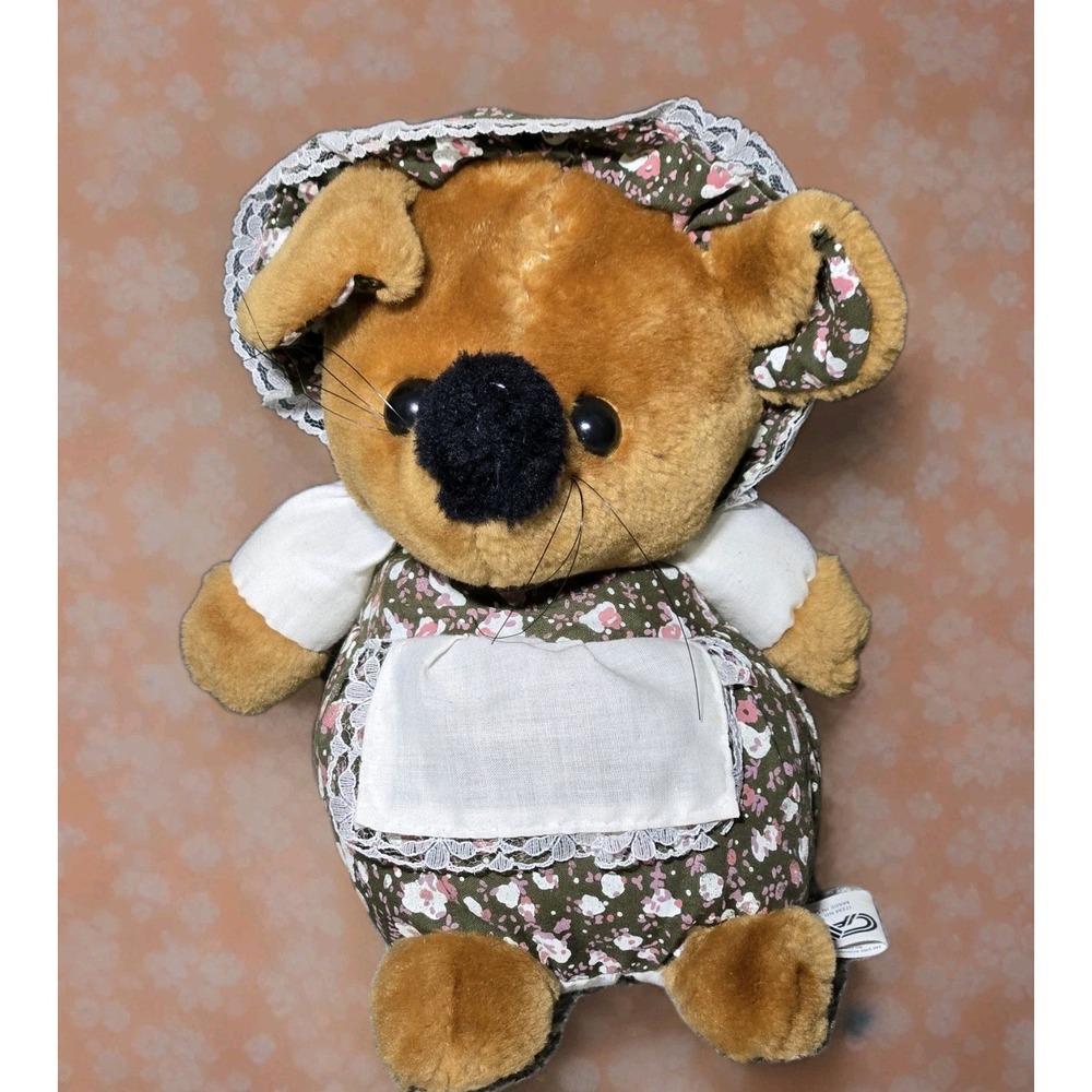 Vintage Cottagecore Plush Mouse Floral Dress Bonnet Apron Storybook Decor